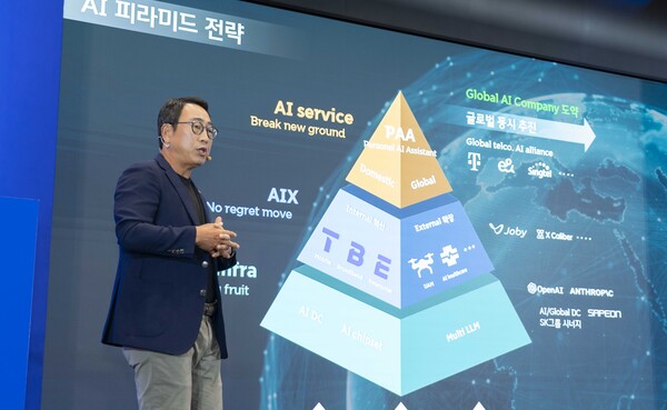 2023년 AI 피라미드 전략을 발표하는 SKT 유영상 사장